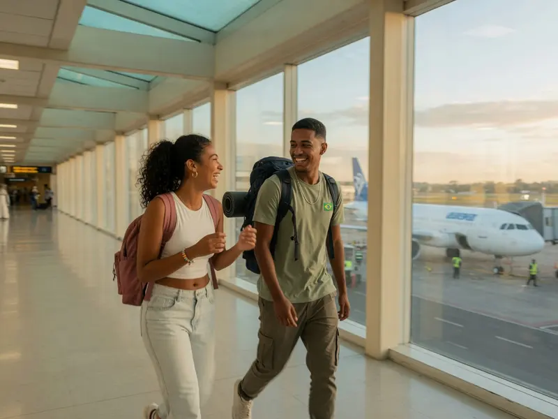 Casal com mochilas em terminal de aeroporto