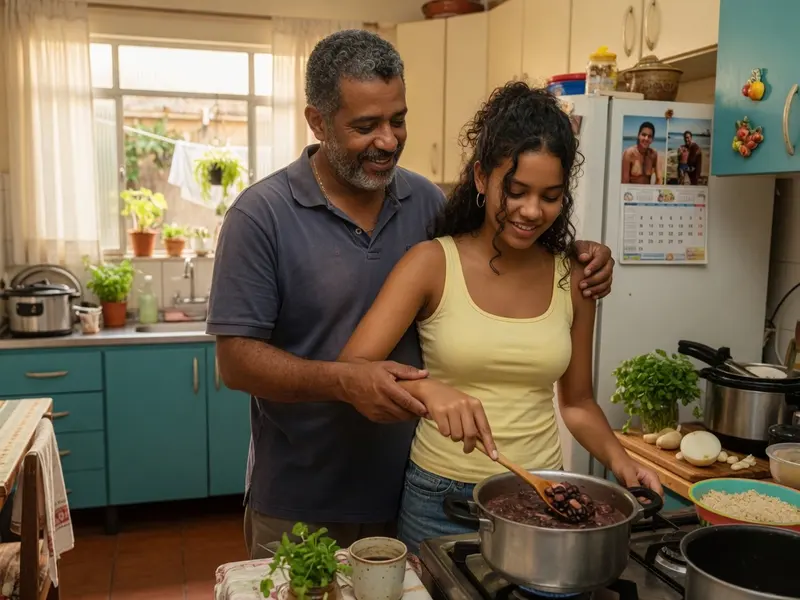 Pai e filha cozinhando juntos em casa